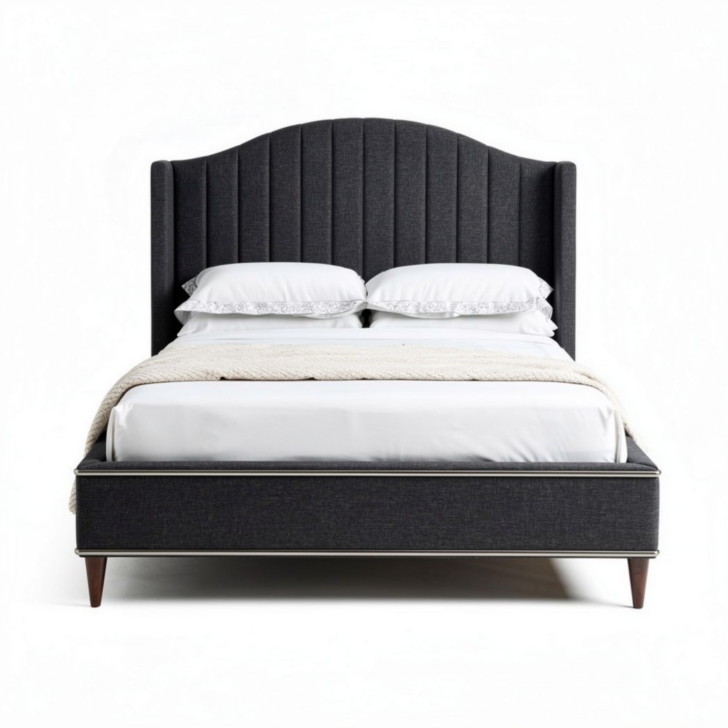 Lit double en tissu gris avec tête de lit rembourrée 200 x 160 x 120cm