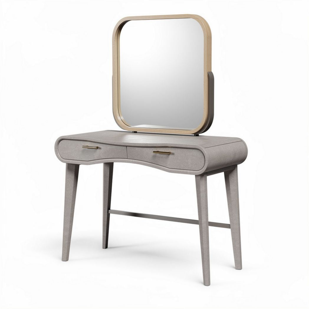 Coiffeuse en bois avec miroir ovale et deux tiroirs en tissu gris 98 x 40 x 76cm