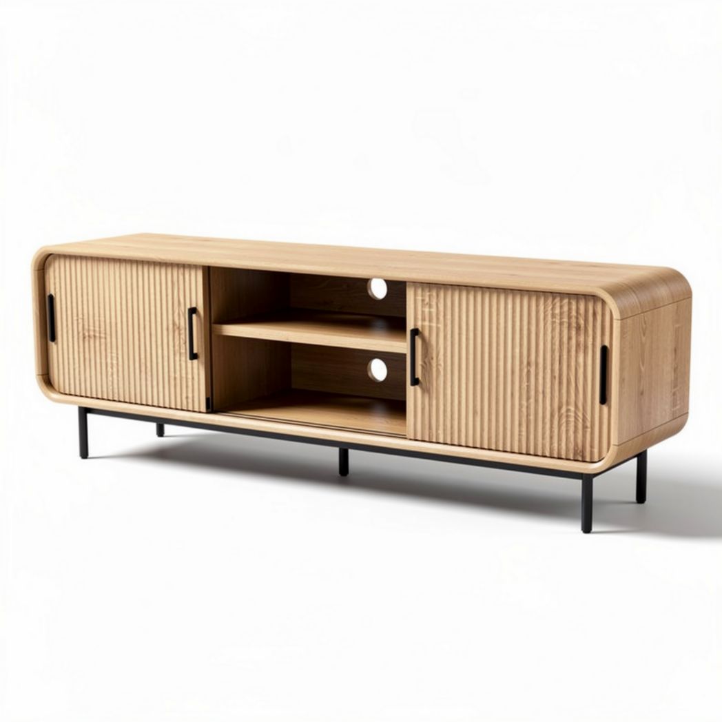 Meuble TV en bois naturel avec portes coulissantes 150 x 40 x 50cm