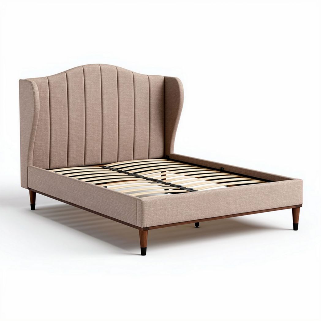 Lit en tissu beige avec tête de lit rembourrée dimensions 200 x 160 x 90cm