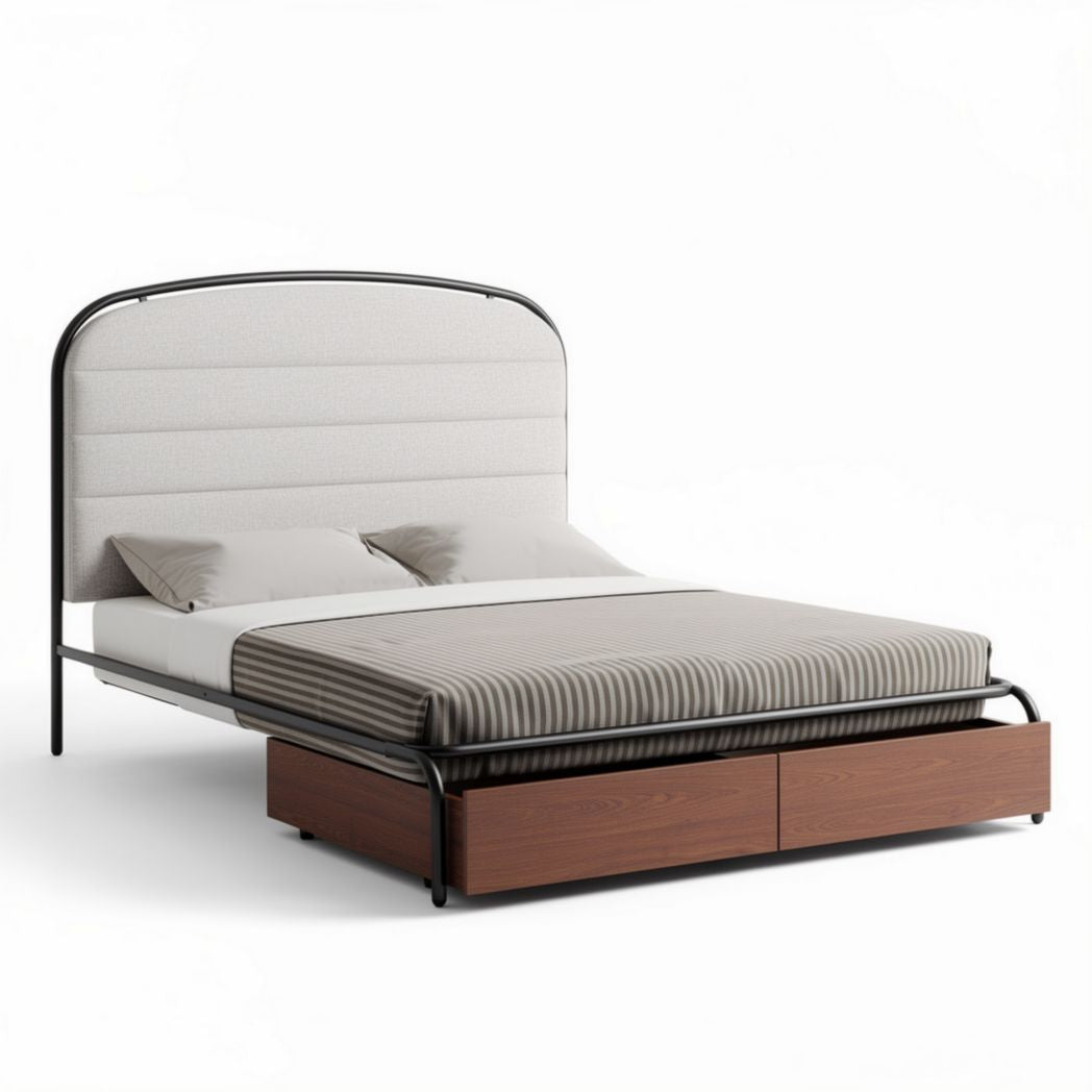 Lit double avec tête de lit rembourrée en tissu et rangement intégré 200 x 160 x 100cm