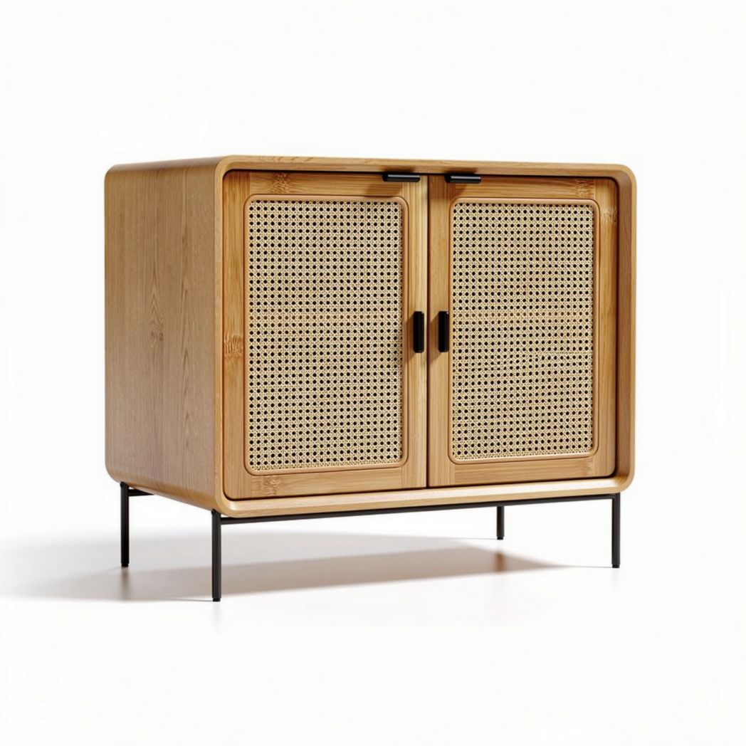 Meuble de rangement en bois avec portes en cannage dimensions 80 x 40 x 70cm