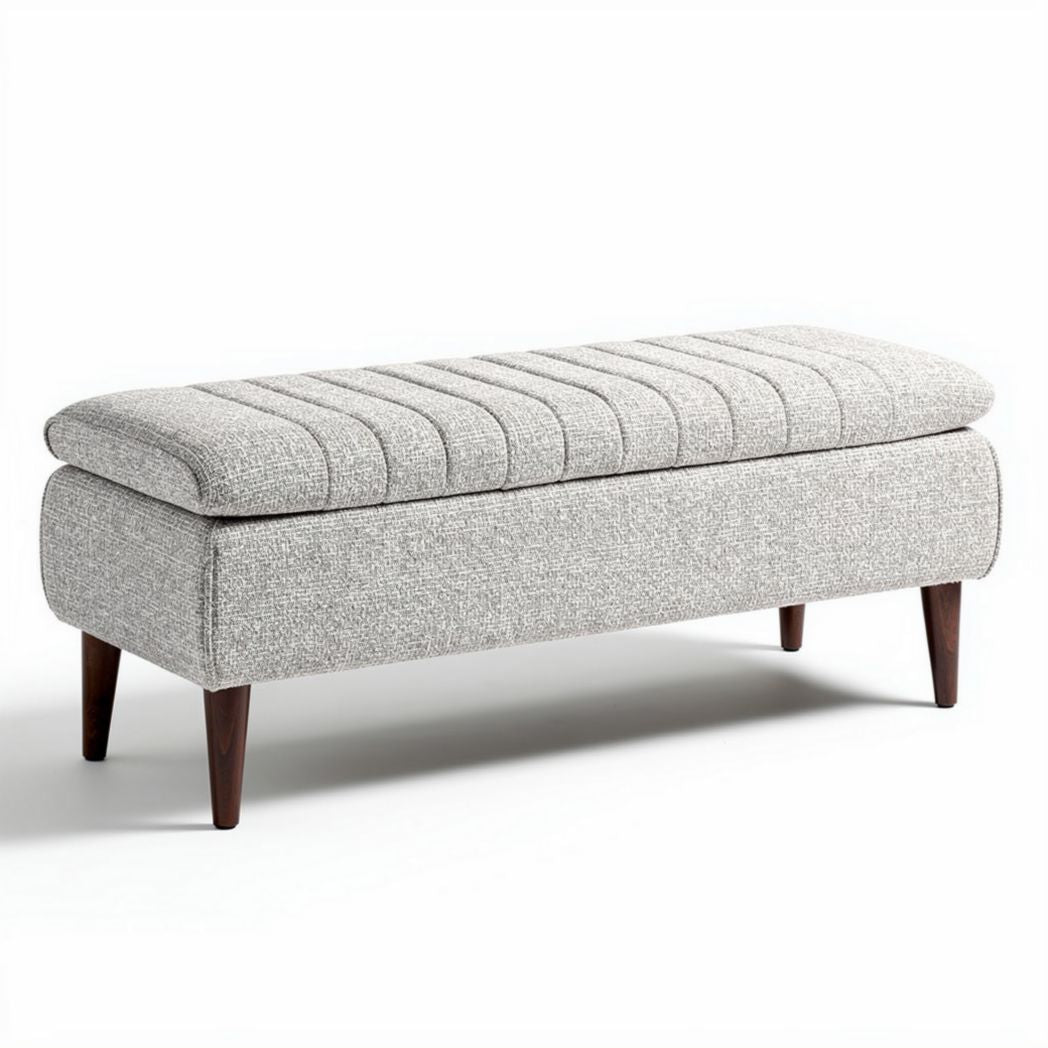 Banc en tissu gris avec piètement en bois 120 x 40 x 45cm pour intérieur