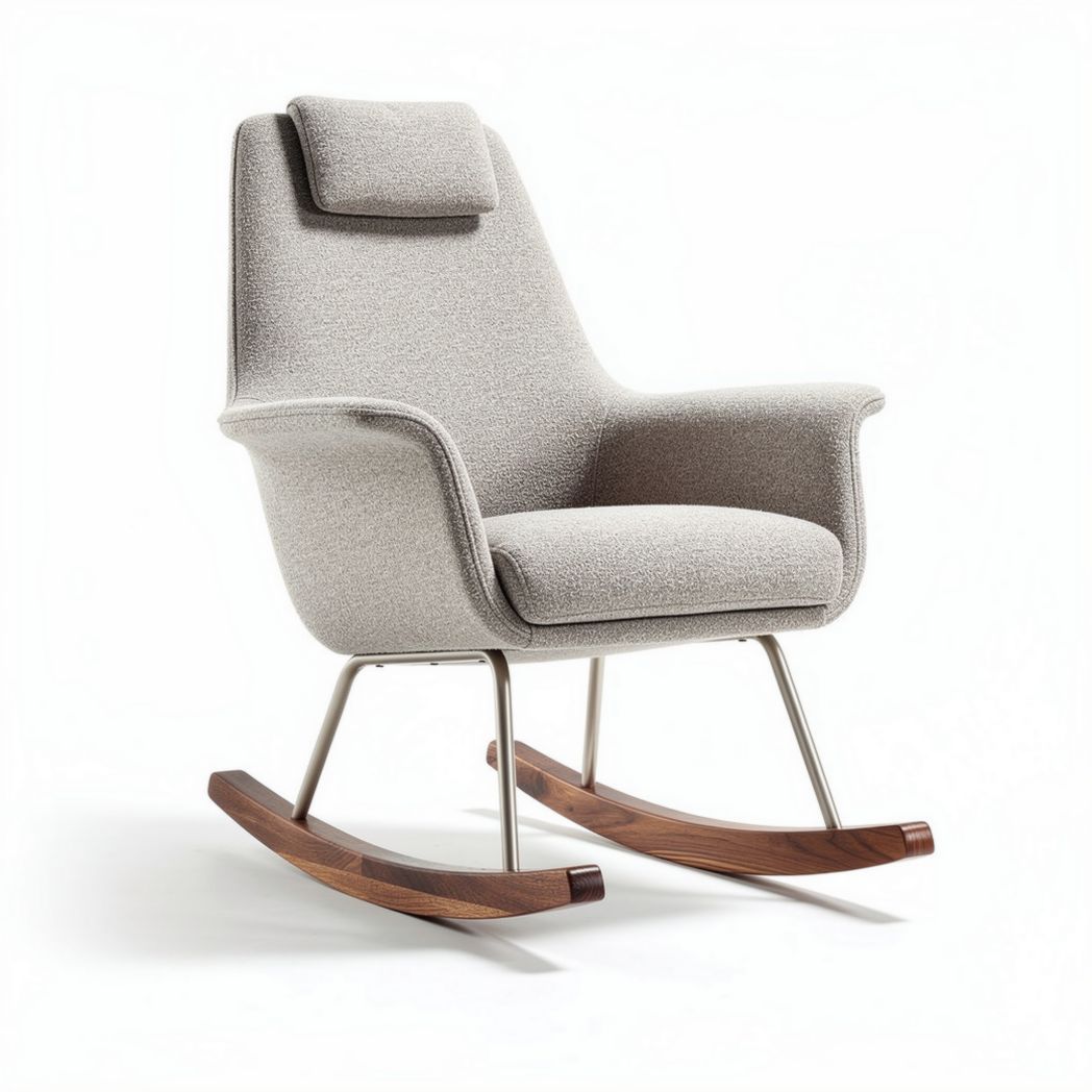 Fauteuil à bascule en tissu beige avec structure en bois de noyer dimensions 80 x 70 x 100cm