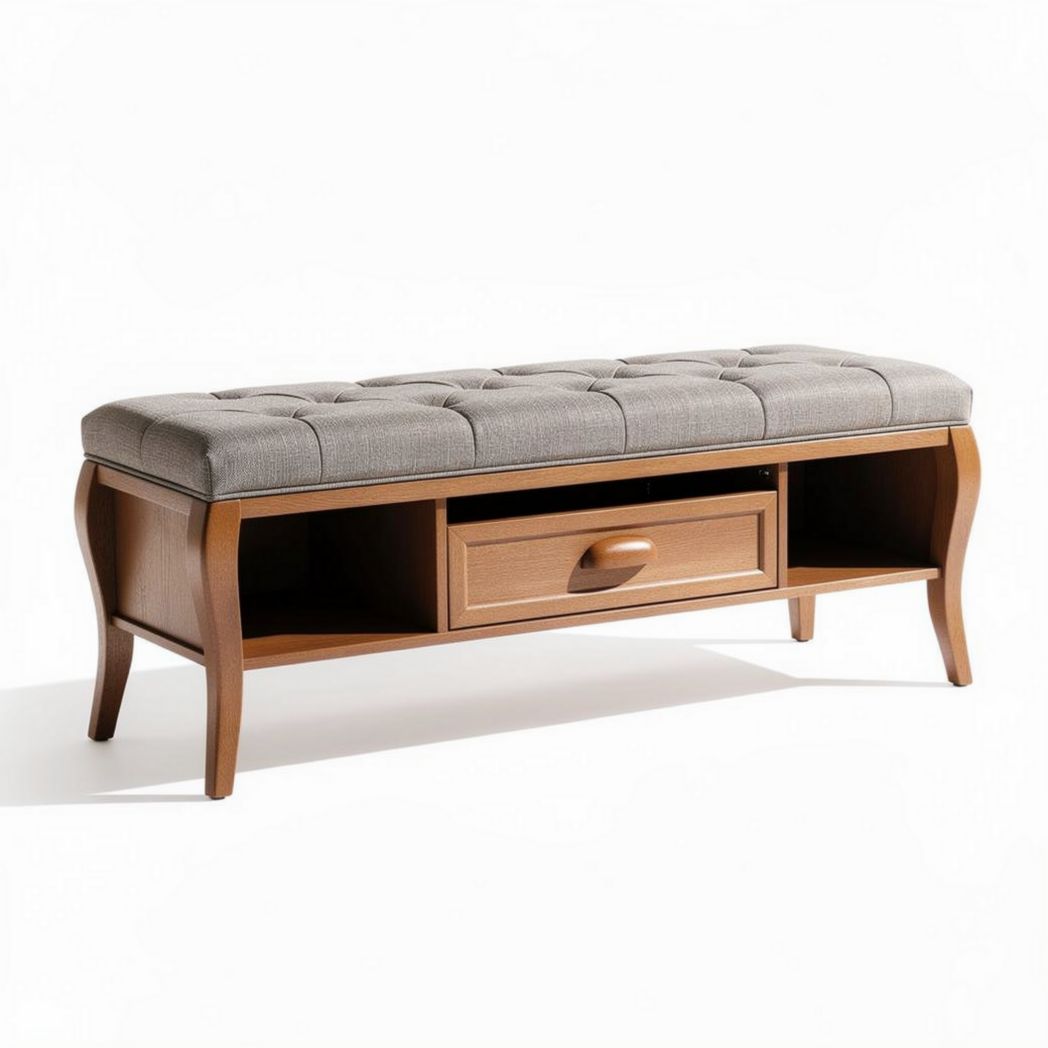 Banc en bois avec rangement et coussin en tissu gris 120 x 40 x 45cm